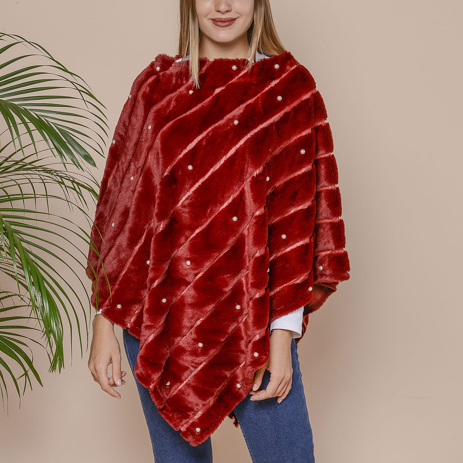Striped Faux Fur Poncho with Plastic Pearl Beads (Size 100x84 cm) - Burgundy