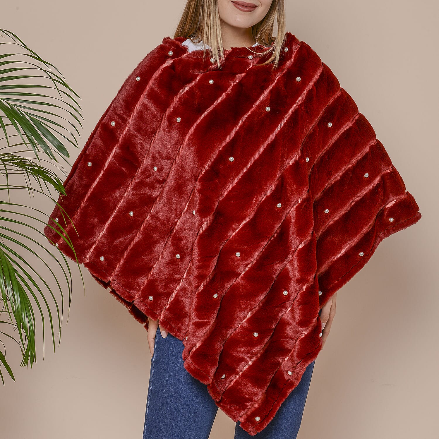 Striped Faux Fur Poncho with Plastic Pearl Beads (Size 100x84 cm) - Burgundy