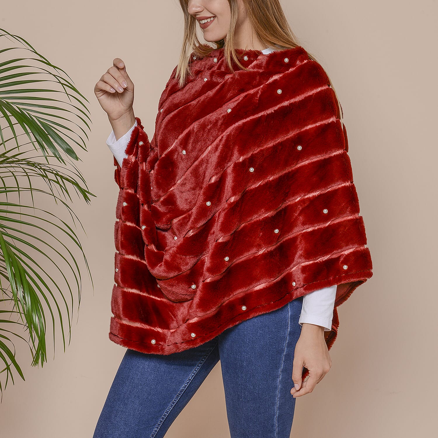 Striped Faux Fur Poncho with Plastic Pearl Beads (Size 100x84 cm) - Burgundy