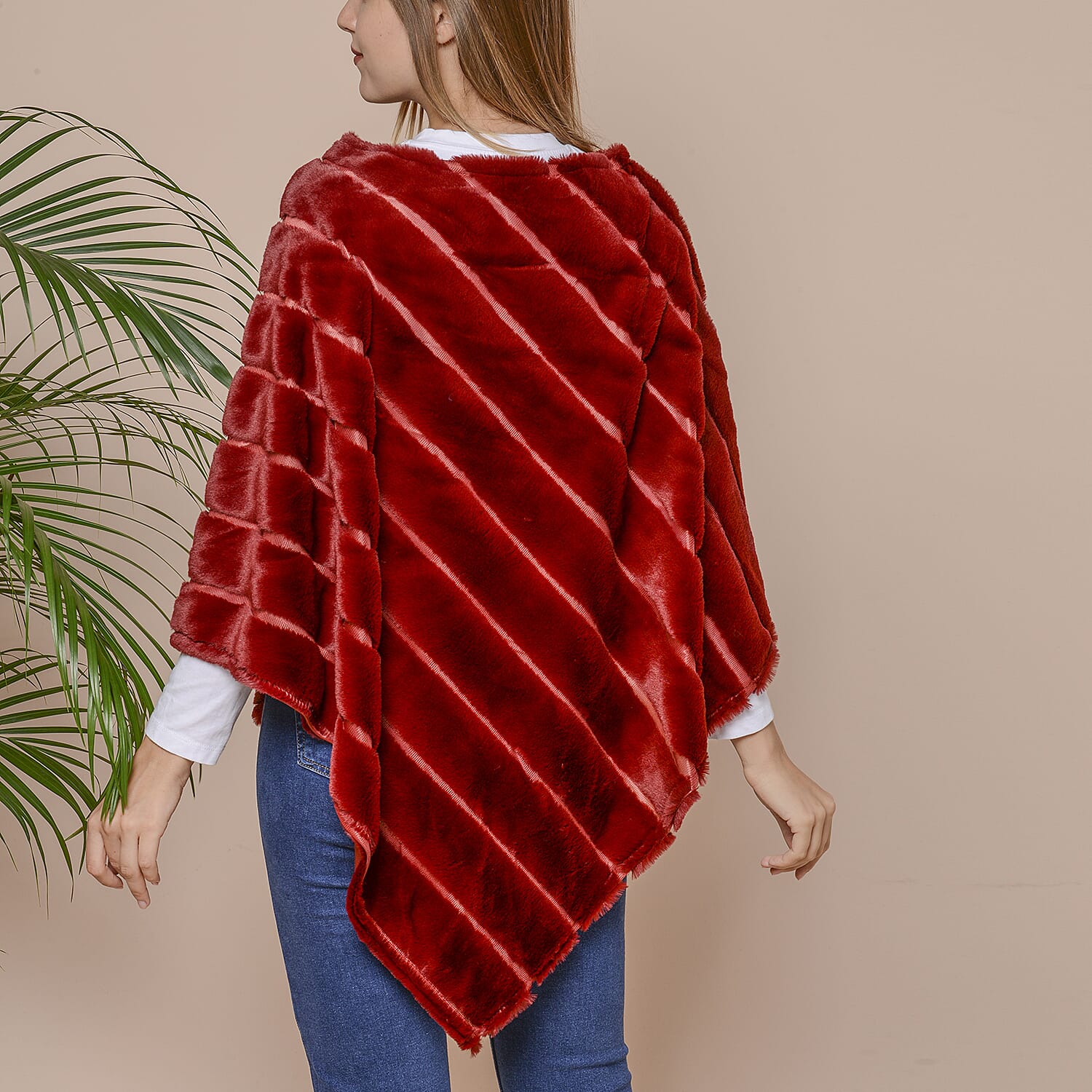 Striped Faux Fur Poncho with Plastic Pearl Beads (Size 100x84 cm) - Burgundy