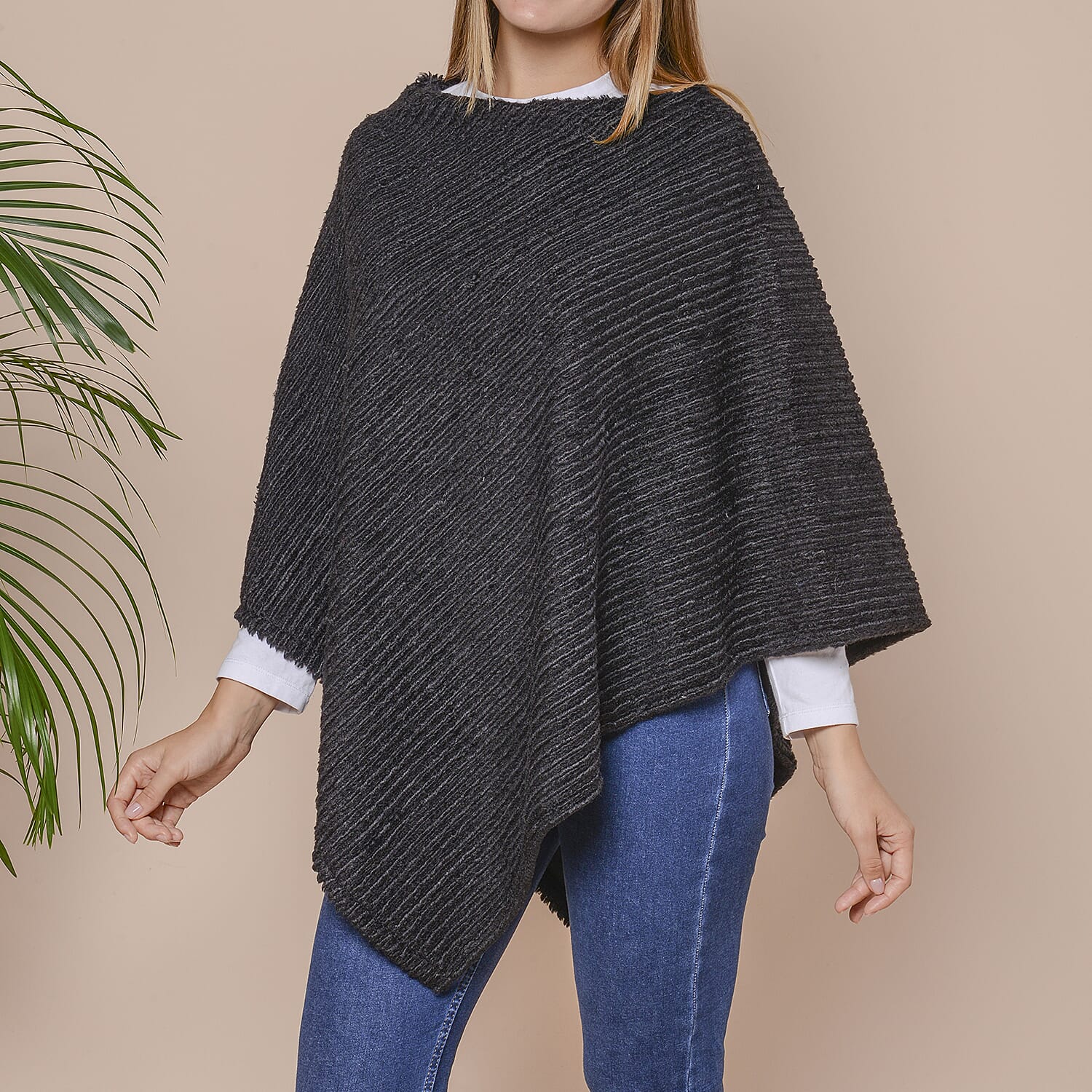 Striped Design Soft Faux Fur Poncho (Size 100x84 cm) - Black