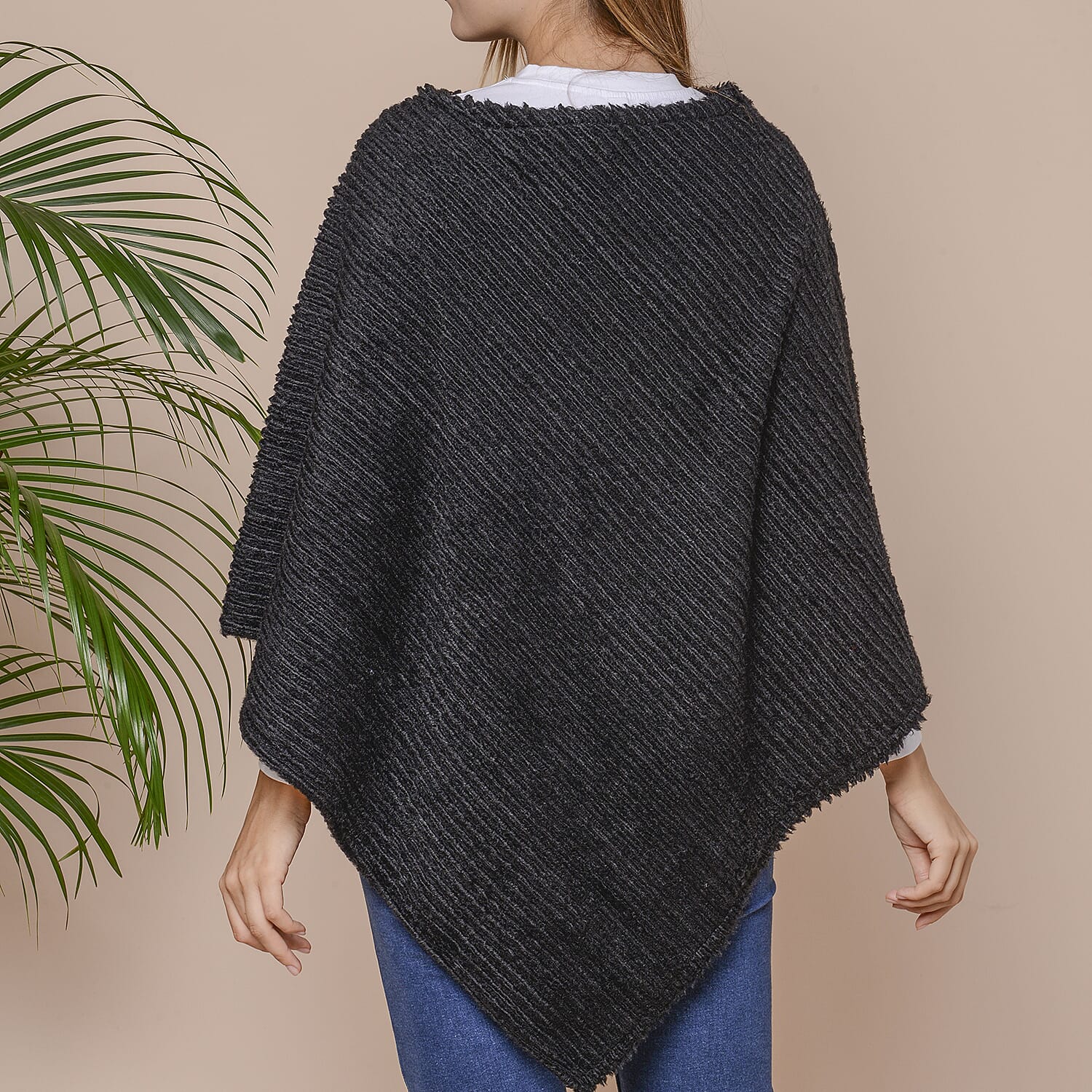Striped Design Soft Faux Fur Poncho (Size 100x84 cm) - Black
