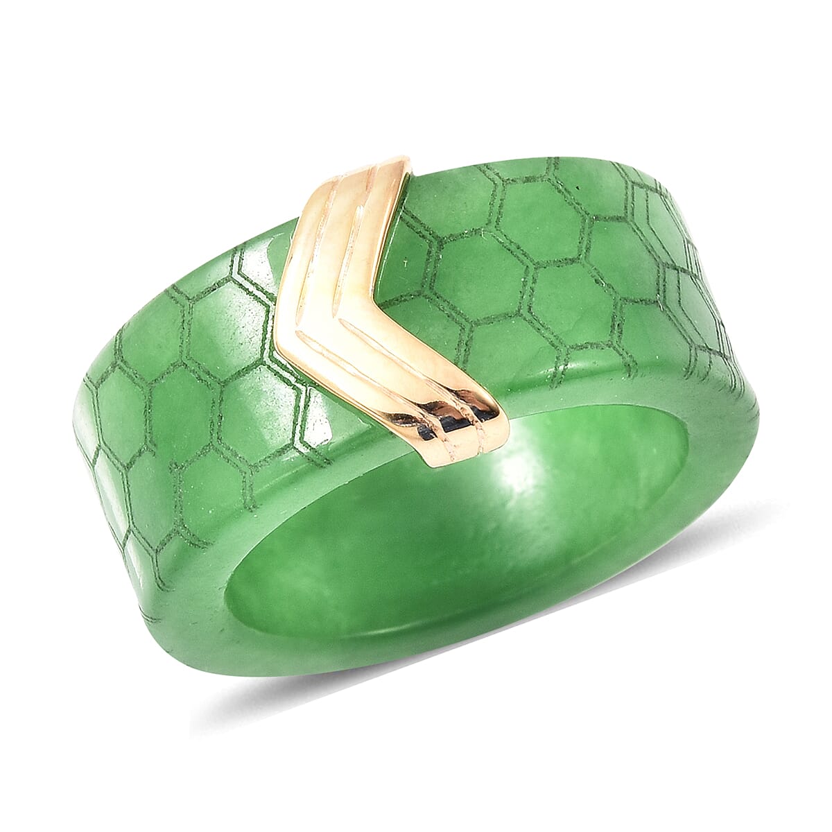 Green Jade Honey Comb Design Ring in Yellow Gold Overlay Sterling Silver 38.50 Ct.