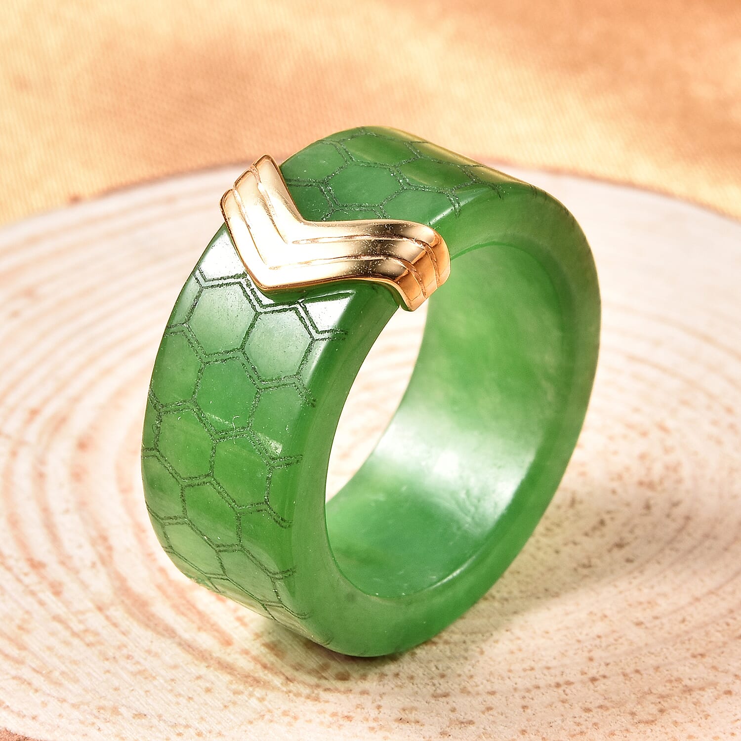 Green Jade Honey Comb Design Ring in Yellow Gold Overlay Sterling Silver 38.50 Ct.