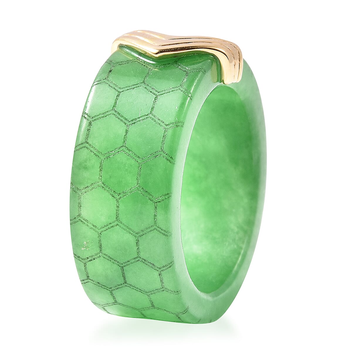 Green Jade Honey Comb Design Ring in Yellow Gold Overlay Sterling Silver 38.50 Ct.