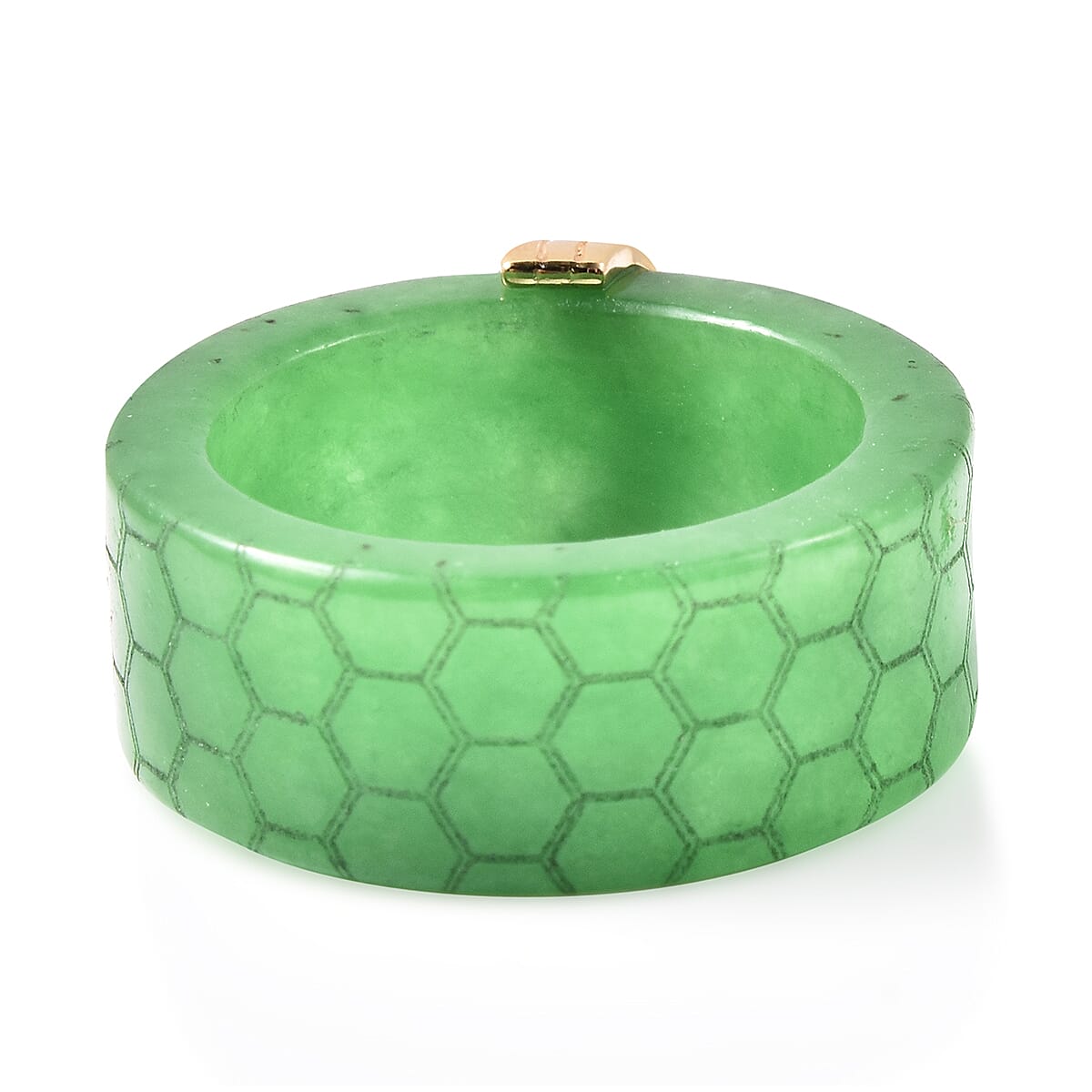 Green Jade Honey Comb Design Ring in Yellow Gold Overlay Sterling Silver 38.50 Ct.