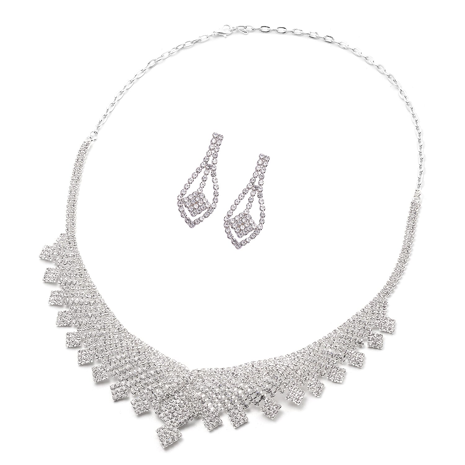 2 Piece Set White Austrian Crystal Earrings (with Push Back) and Necklace (Size 22 with 2 Inch Extender) in Silver Tone - Waterfall