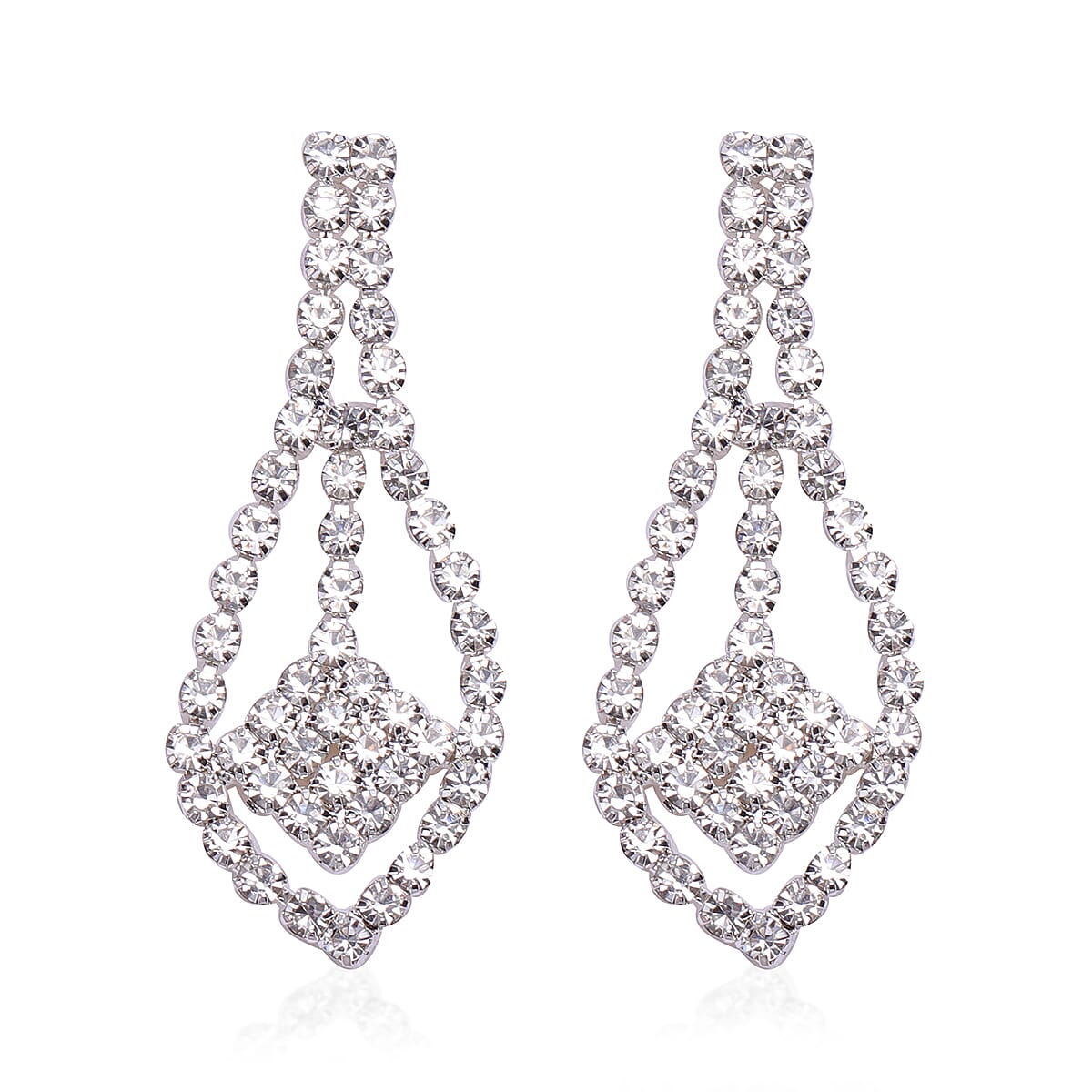 2 Piece Set White Austrian Crystal Earrings (with Push Back) and Necklace (Size 22 with 2 Inch Extender) in Silver Tone - Waterfall