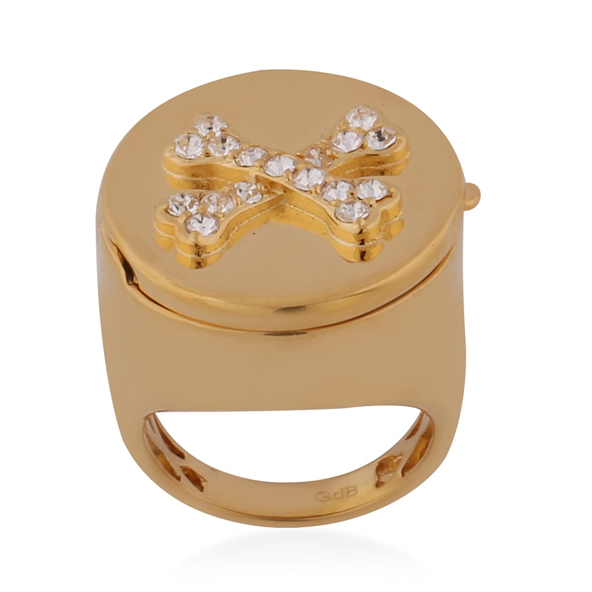 J Francis White Colour Crystal Signet Ring in Yellow Gold Tone