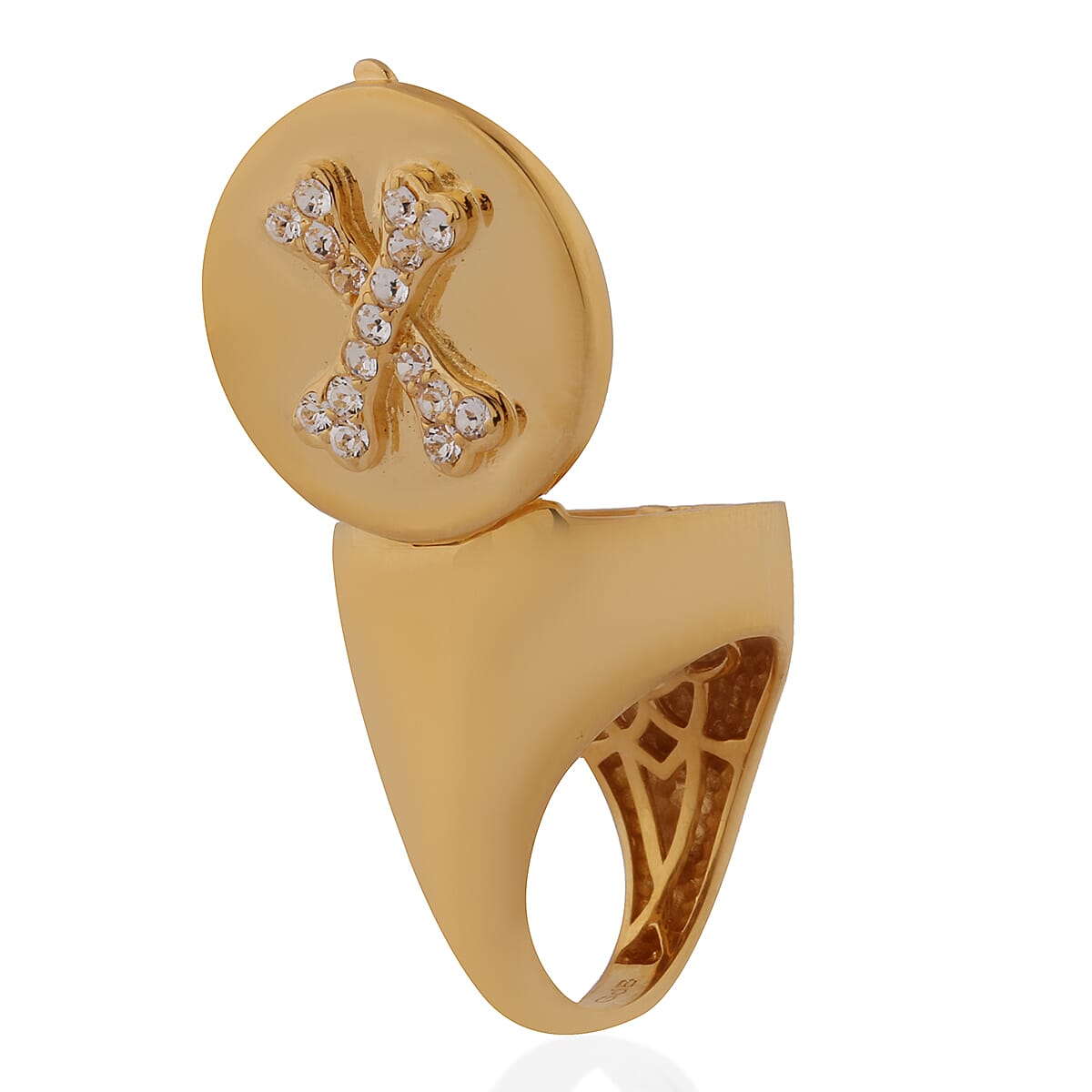 J Francis White Colour Crystal Signet Ring in Yellow Gold Tone
