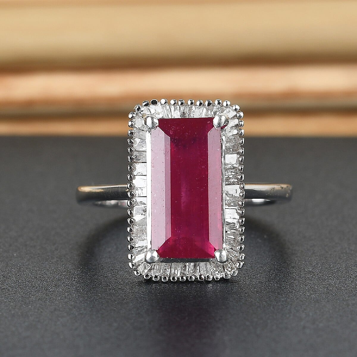 AA African Ruby (FF) and Natural Diamond Ring in Platinum Overlay Sterling Silver 4.00 Ct.