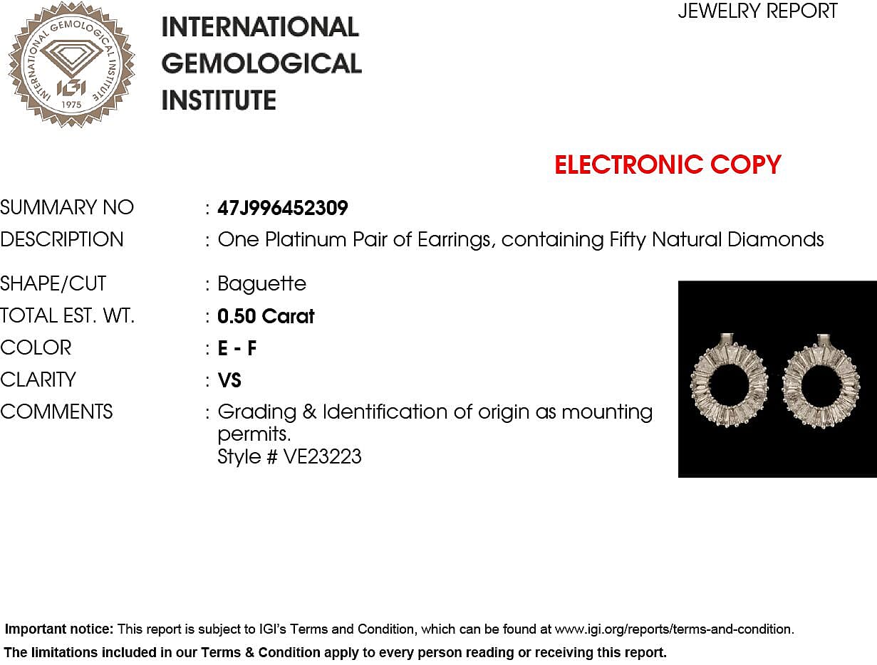 950 Platinum IGI Certified Natural Diamond (VS-E-F) Stud Earrings 0.52 Ct.