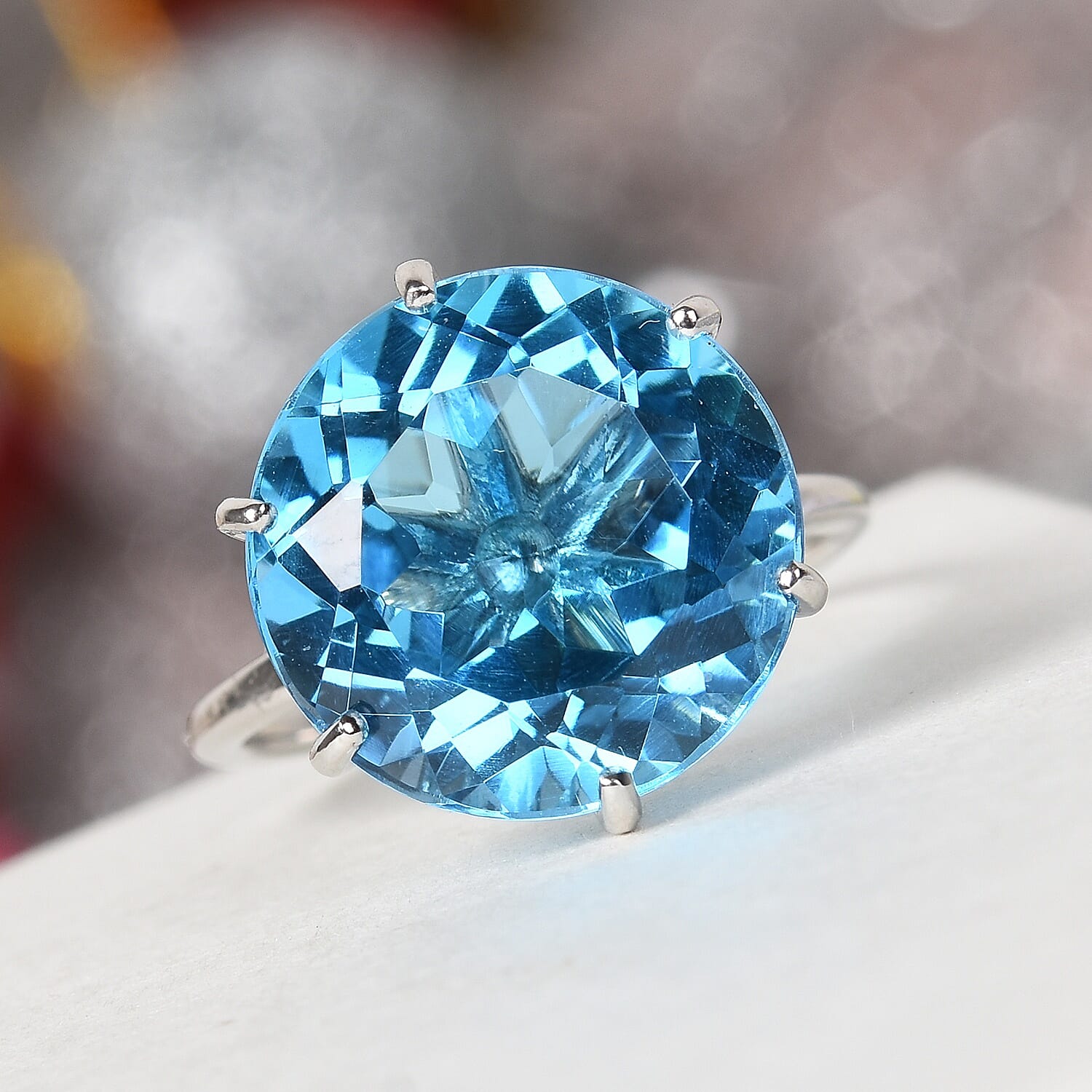 Swiss Blue Topaz Solitaire Ring in Platinum Overlay Sterling Silver  12.00 Ct.