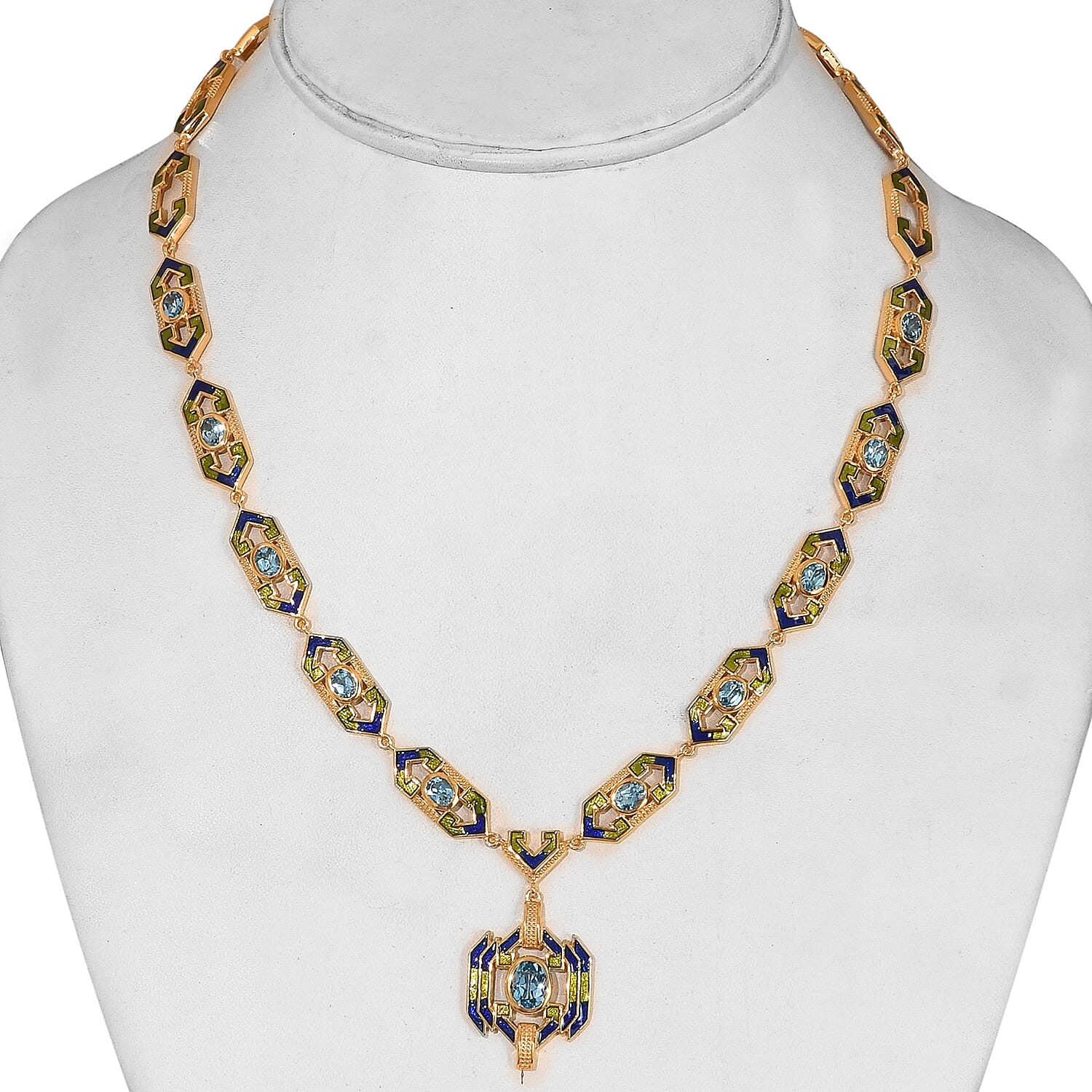 Electric Blue Topaz Enamelled Necklace (Size 18) in 18K Yellow Gold Vermeil Overlay Sterling Silver 5.50  Ct, Silver Wt. 28.00 Gms