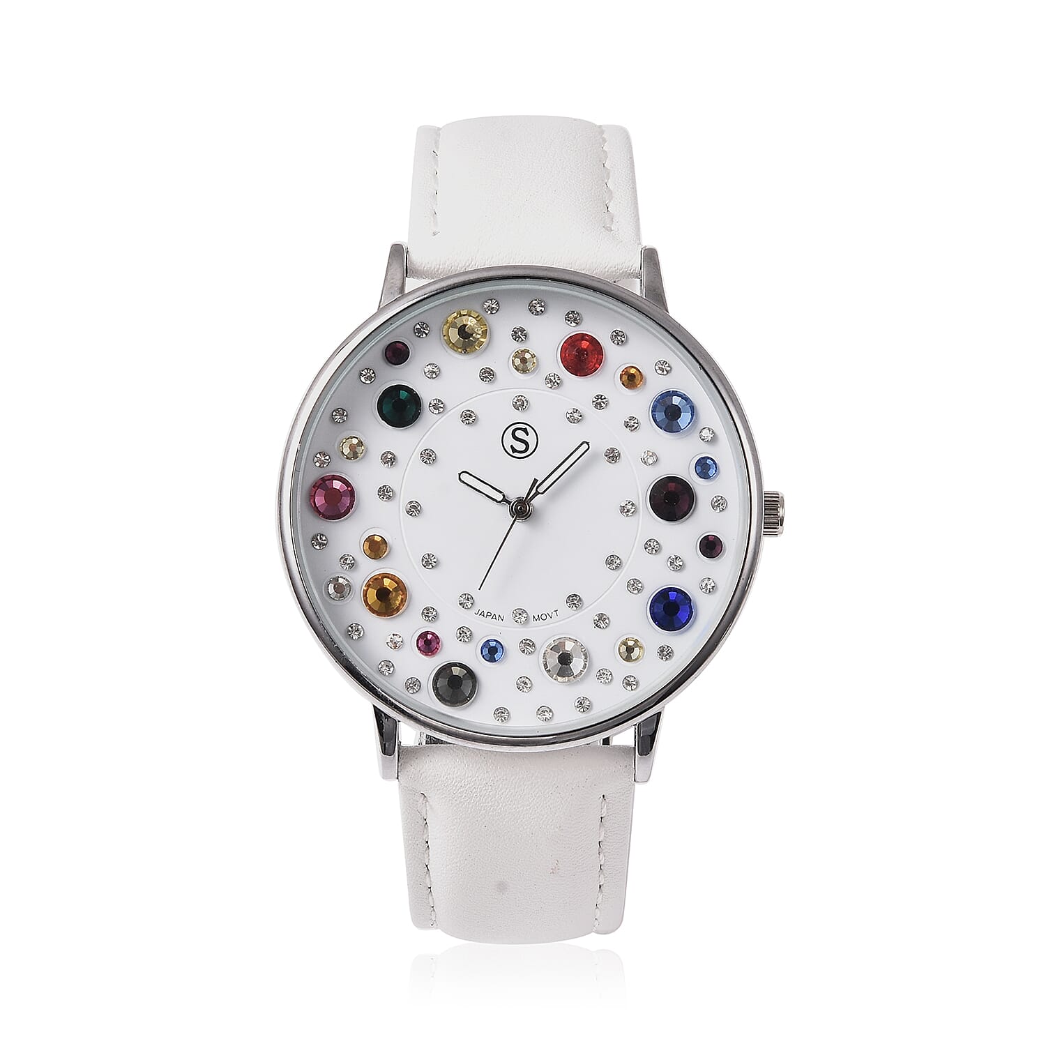 STRADA Japanese Movement Multi Colour Austrian Crystal Studded Water Resistant Watch with White Colour Strap