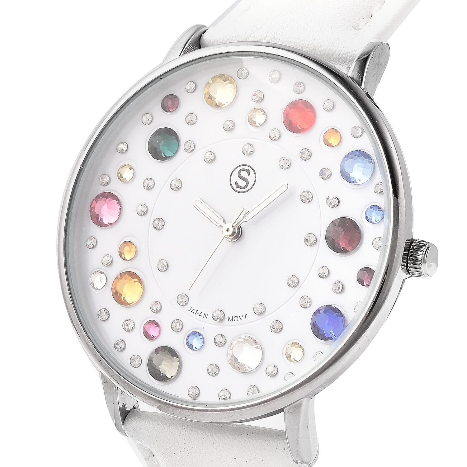 STRADA Japanese Movement Multi Colour Austrian Crystal Studded Water Resistant Watch with White Colour Strap
