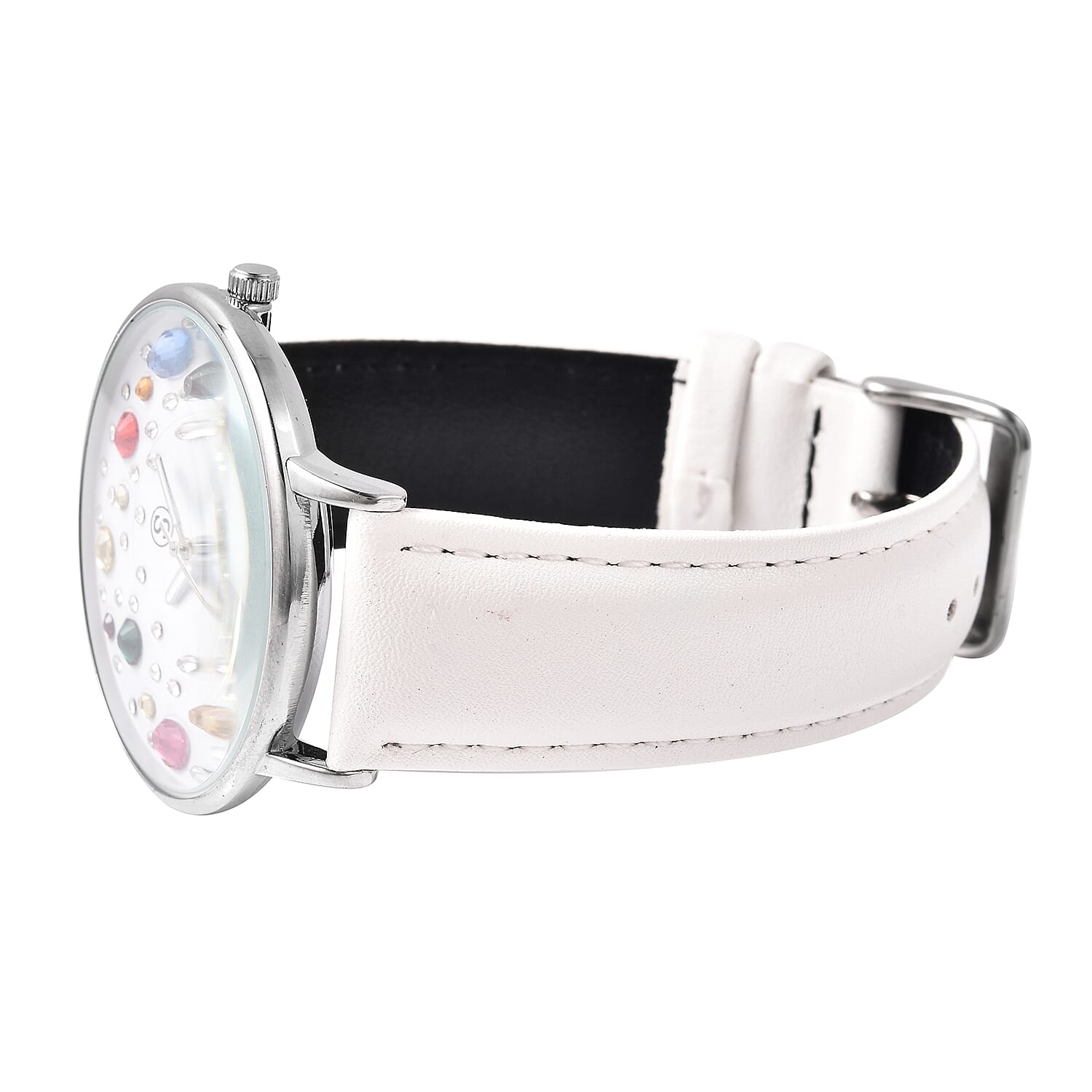 STRADA Japanese Movement Multi Colour Austrian Crystal Studded Water Resistant Watch with White Colour Strap