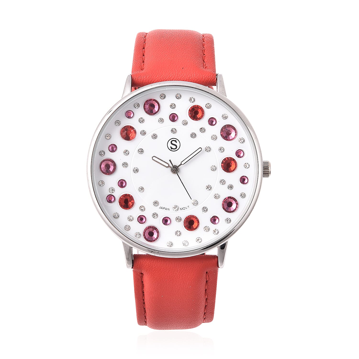 STRADA Japanese Movement Multi Colour Austrian Crystal Studded Water Resistant Watch with Red Colour Strap