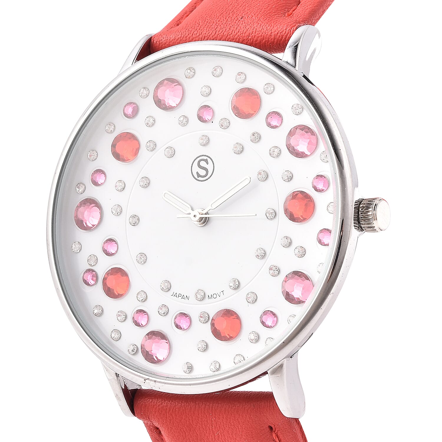 STRADA Japanese Movement Multi Colour Austrian Crystal Studded Water Resistant Watch with Red Colour Strap