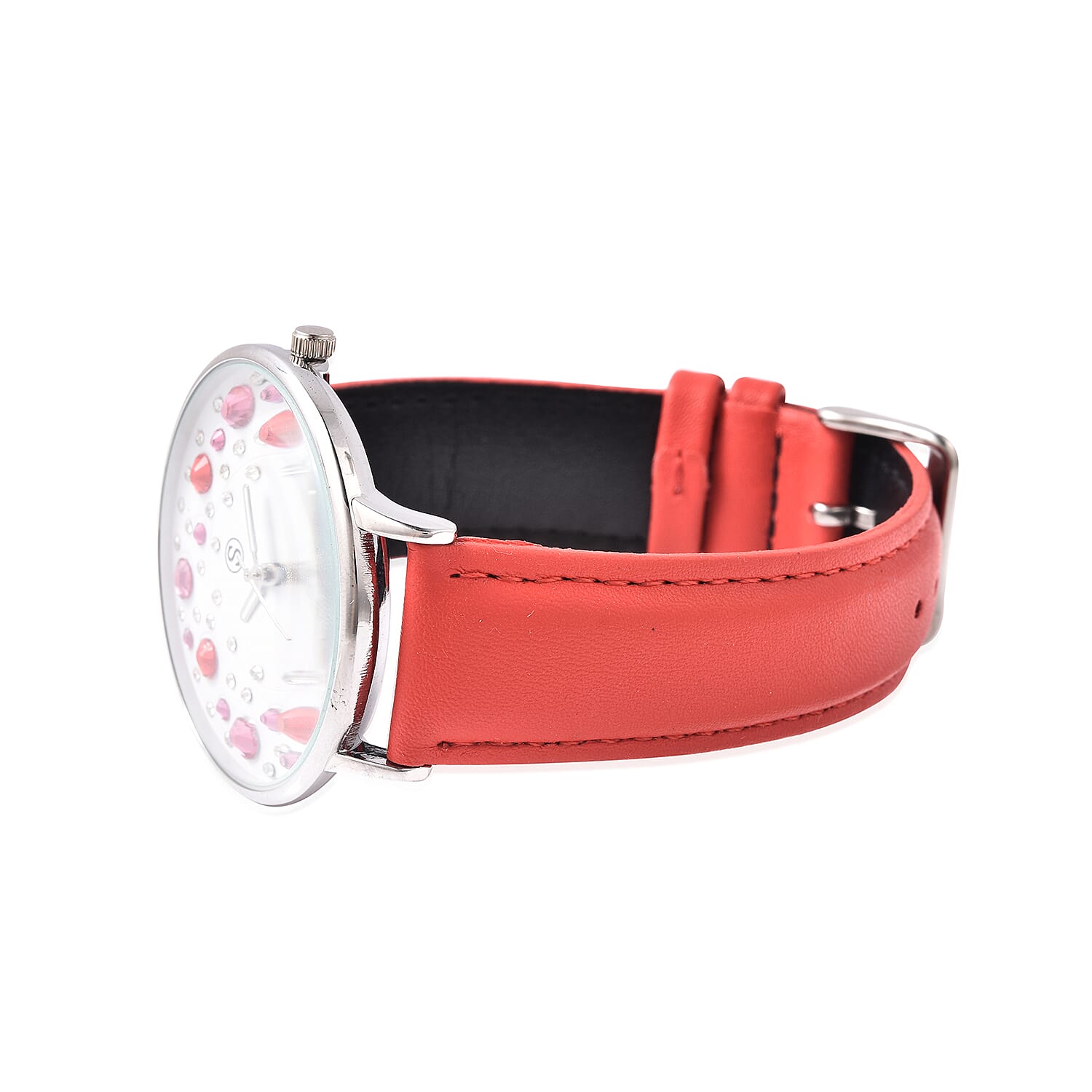 STRADA Japanese Movement Multi Colour Austrian Crystal Studded Water Resistant Watch with Red Colour Strap