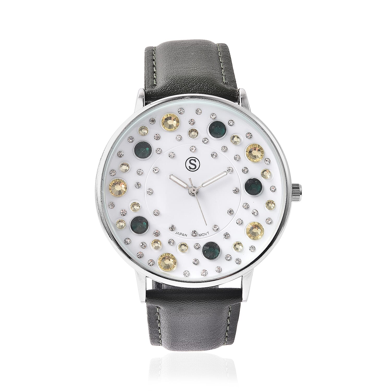 STRADA Japanese Movement Multi Colour Austrian Crystal Studded Water Resistant Watch with Green Colour Strap