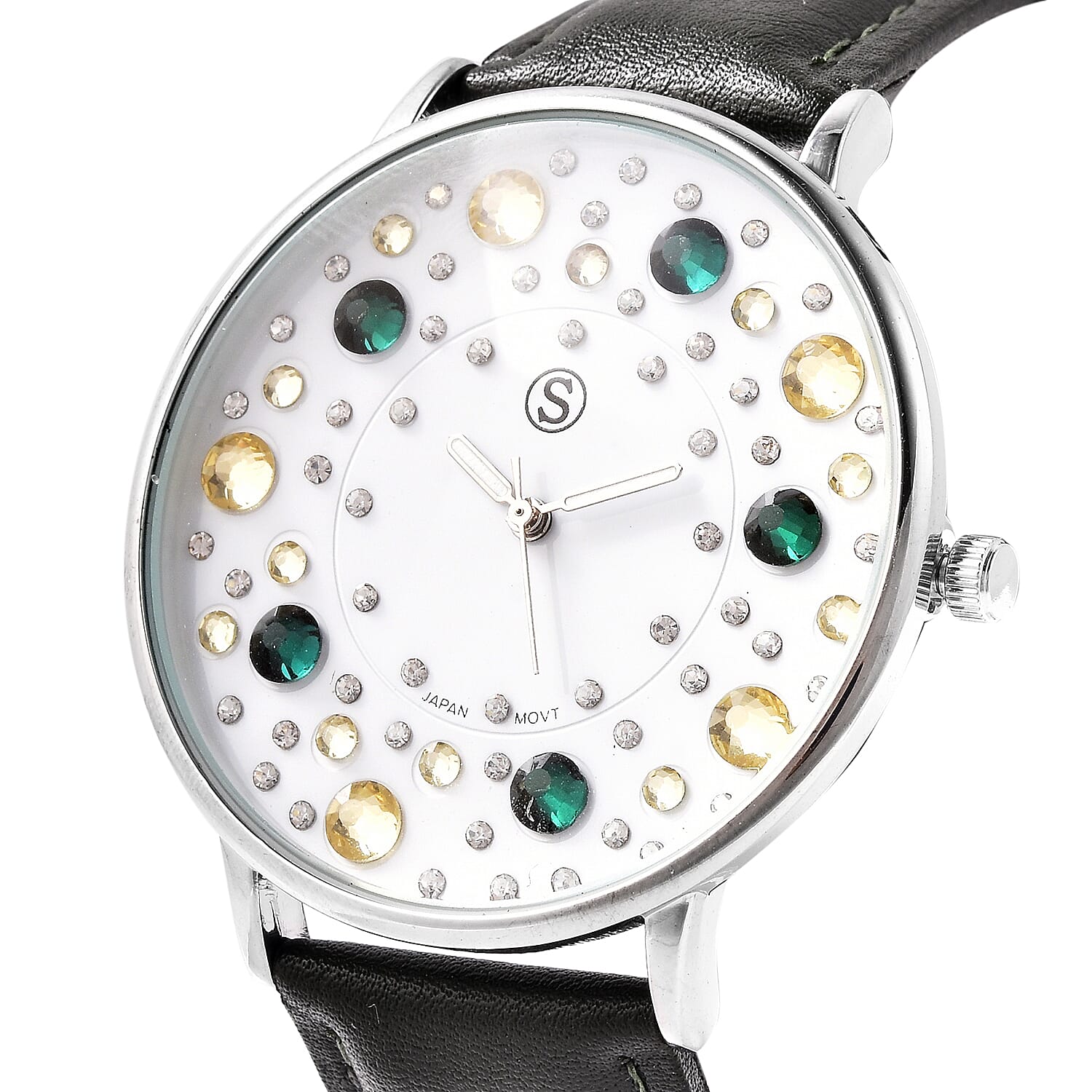 STRADA Japanese Movement Multi Colour Austrian Crystal Studded Water Resistant Watch with Green Colour Strap