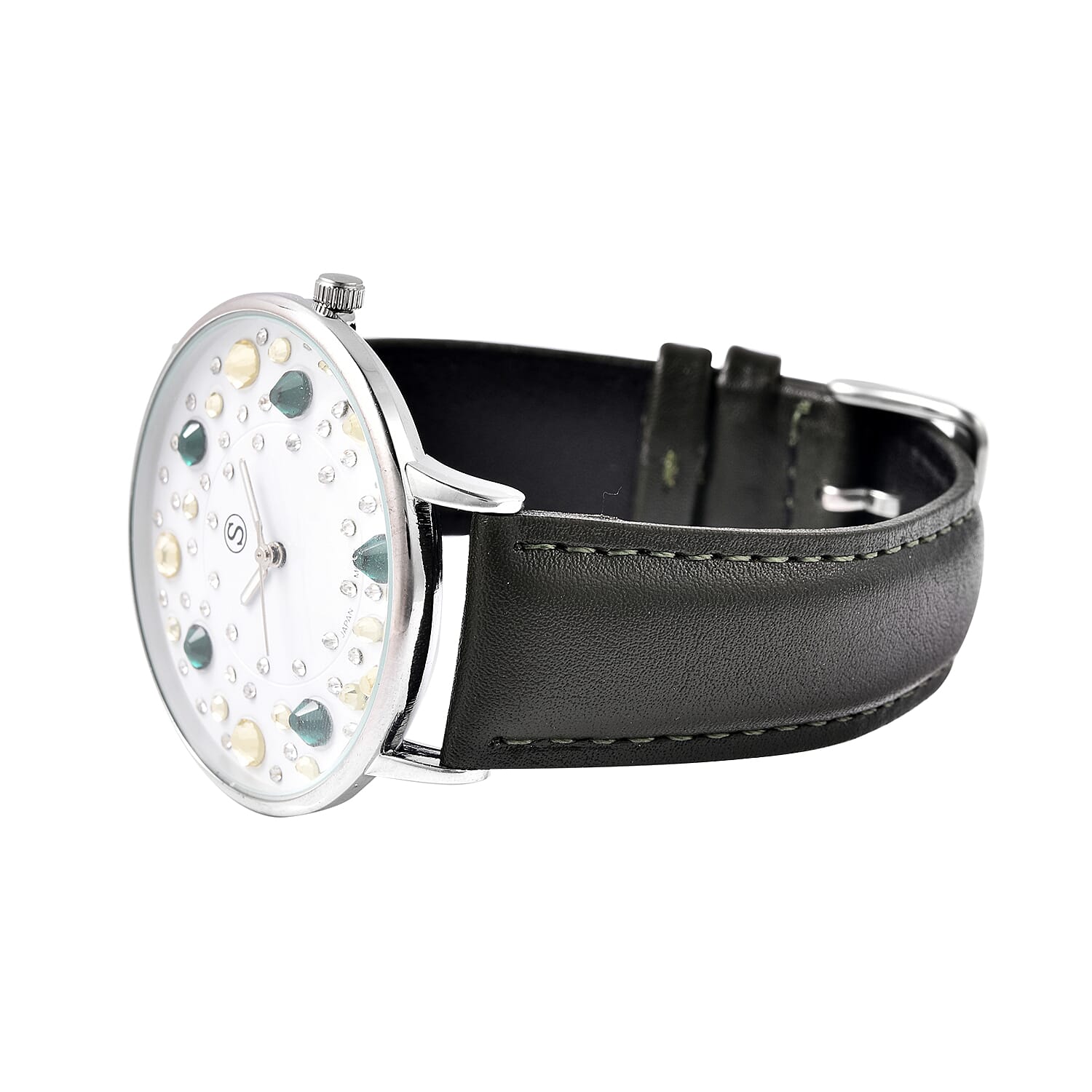 STRADA Japanese Movement Multi Colour Austrian Crystal Studded Water Resistant Watch with Green Colour Strap
