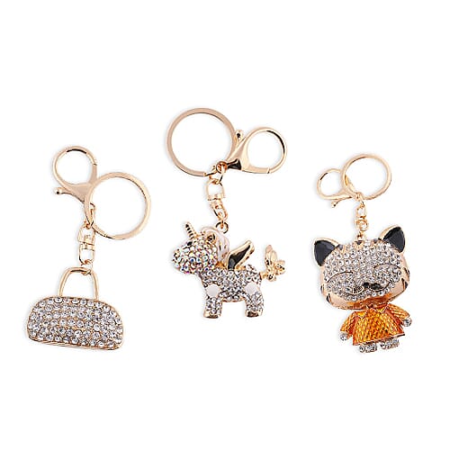 3 Piece Set - Multi Colour and White Austrian Crystal Enamelled Unicorn, Cat and Handbag Key Chain in Silver and Gold Tone