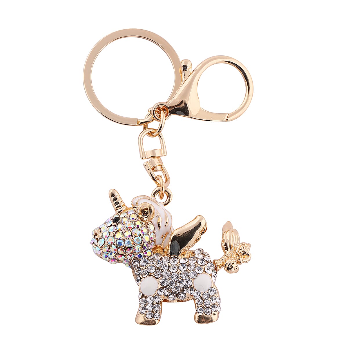 3 Piece Set - Multi Colour and White Austrian Crystal Enamelled Unicorn, Cat and Handbag Key Chain in Silver and Gold Tone