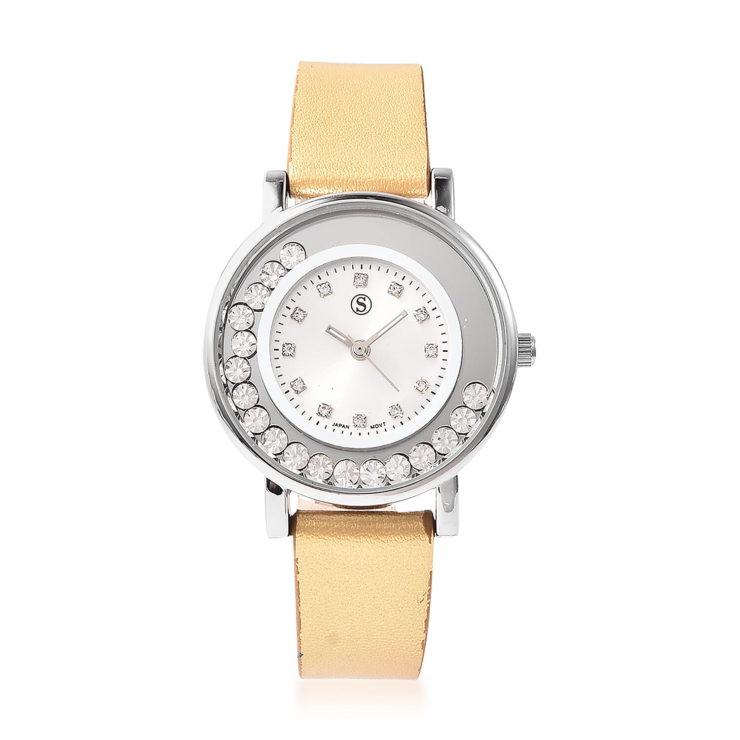 3 Piece Set - STRADA Japanese Movement Crystal Studded Water Resistant Watch with Golden Strap, Card Holder and Champagne Crystal Filled Black Ink Pen - Golden