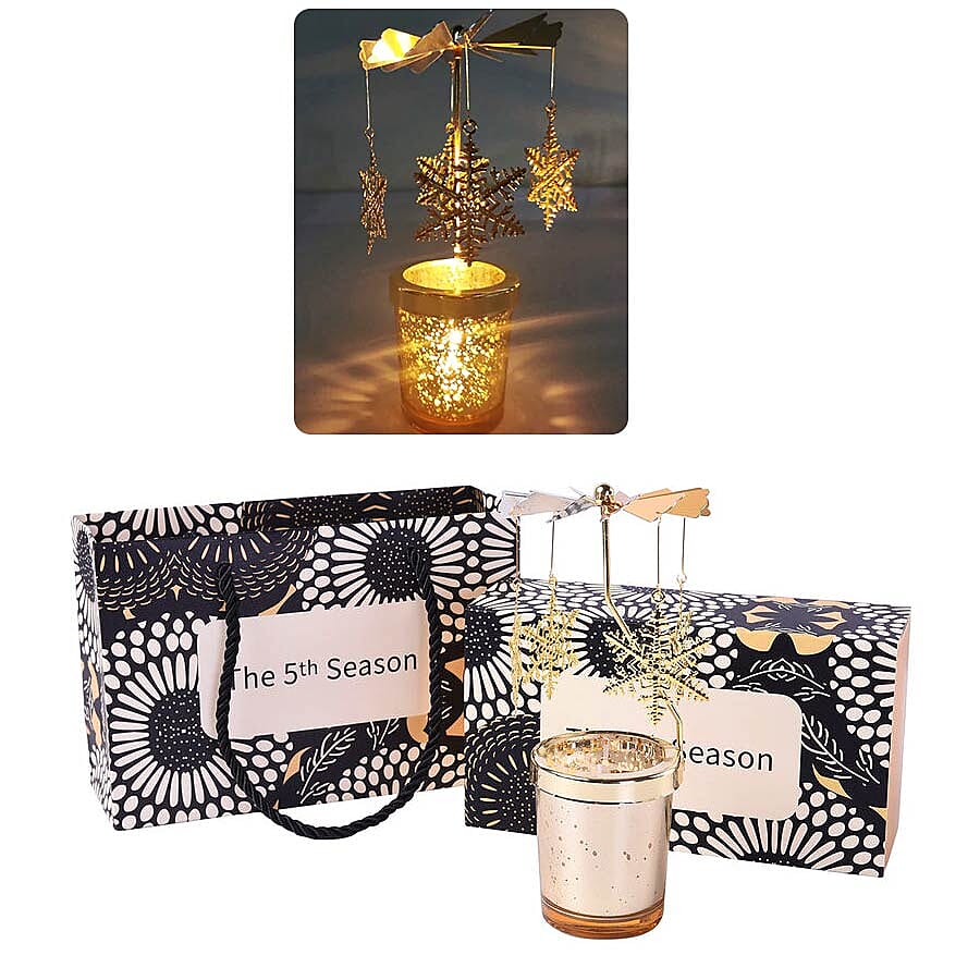 The 5th Season - Wave Point Glass Candle Holder with Spinning Golden Snowflake (Size 18x10x5.5cm)