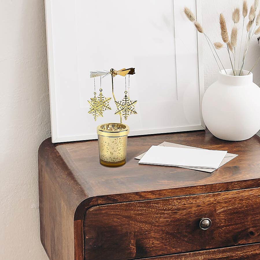 The 5th Season - Wave Point Glass Candle Holder with Spinning Golden Snowflake (Size 18x10x5.5cm)