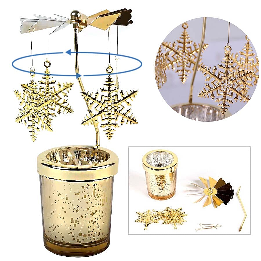 The 5th Season - Wave Point Glass Candle Holder with Spinning Golden Snowflake (Size 18x10x5.5cm)