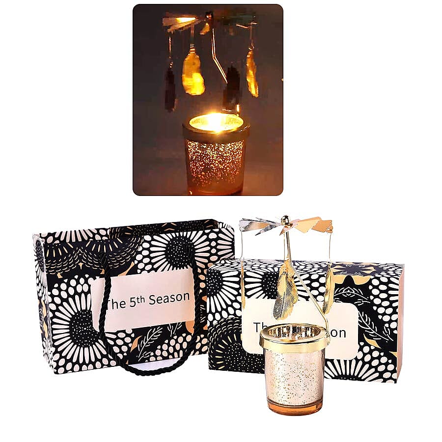 The 5th Season - Wave Point Glass Candle Holder with Spinning Golden Leaves (Size 18x10x5.5cm)