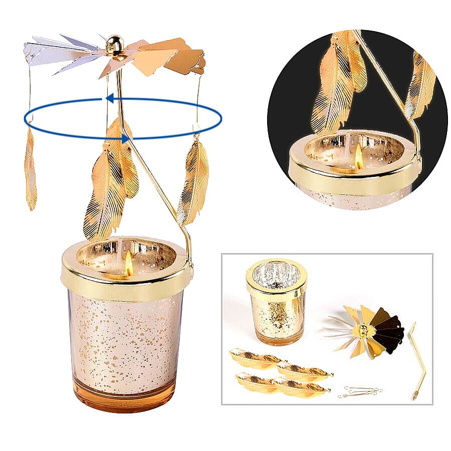 The 5th Season - Wave Point Glass Candle Holder with Spinning Golden Leaves (Size 18x10x5.5cm)