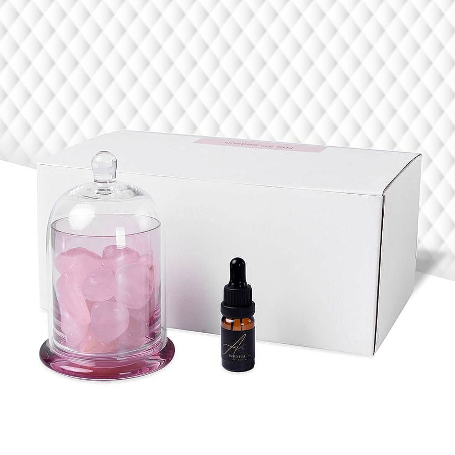 The 5th Season - Glass Cover with  Rose Quartz Gemstone and 10ml Essential Oil in Gift Box (Fragrance Grasse Style)