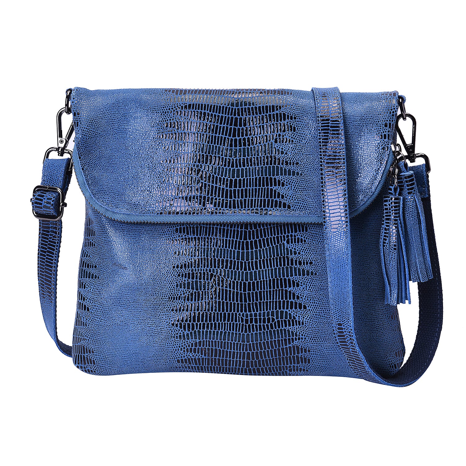 100% Genuine Leather Lizard Skin Pattern Crossbody Bag with Adjustable Strap (Size 24x3x24 Cm) - Blue