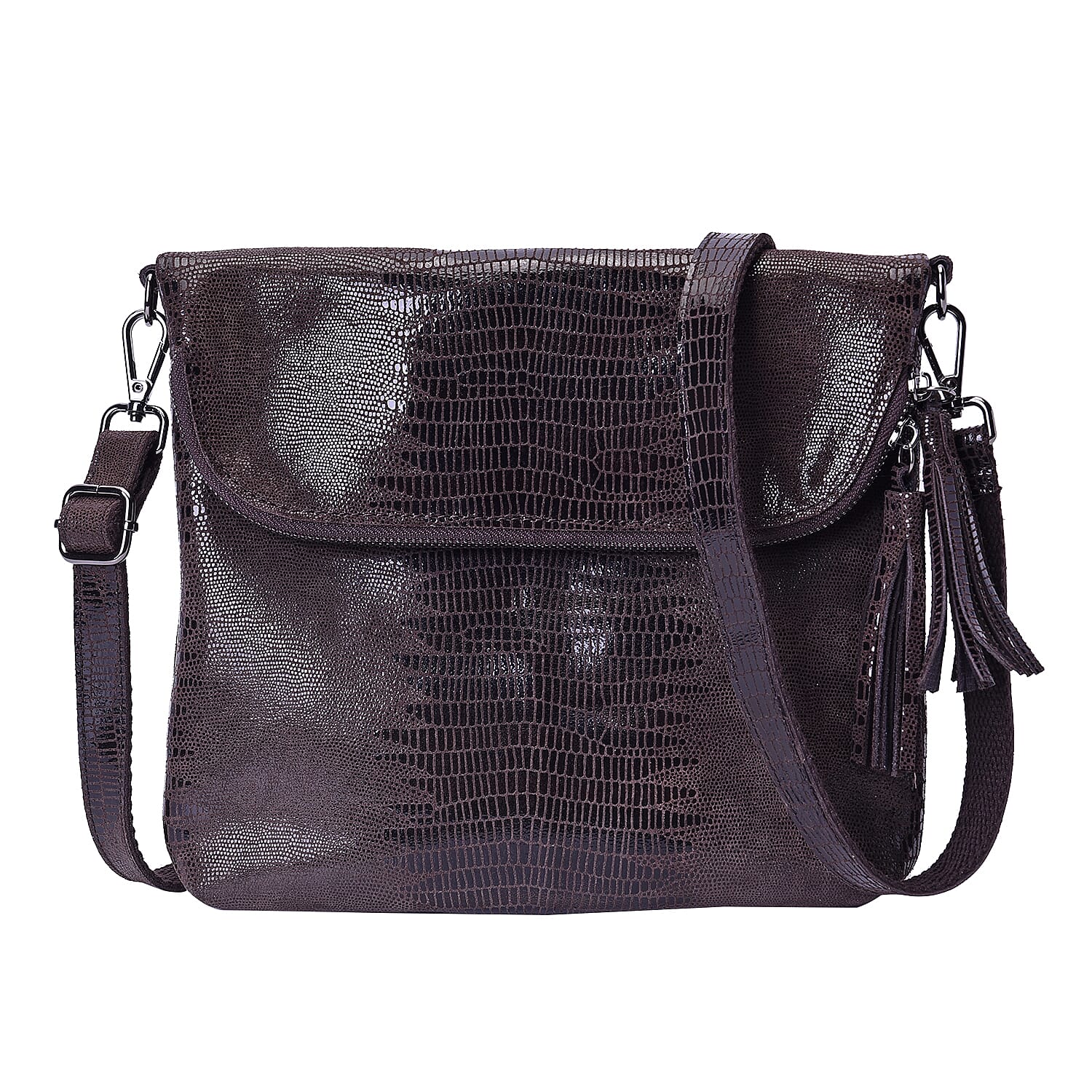 100% Genuine Leather Lizard Skin Pattern Crossbody Bag with Adjustable Strap (Size 24x3x24 Cm) -  Coffee