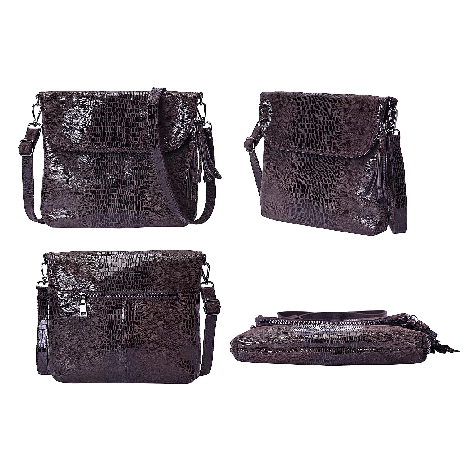 100% Genuine Leather Lizard Skin Pattern Crossbody Bag with Adjustable Strap (Size 24x3x24 Cm) -  Coffee