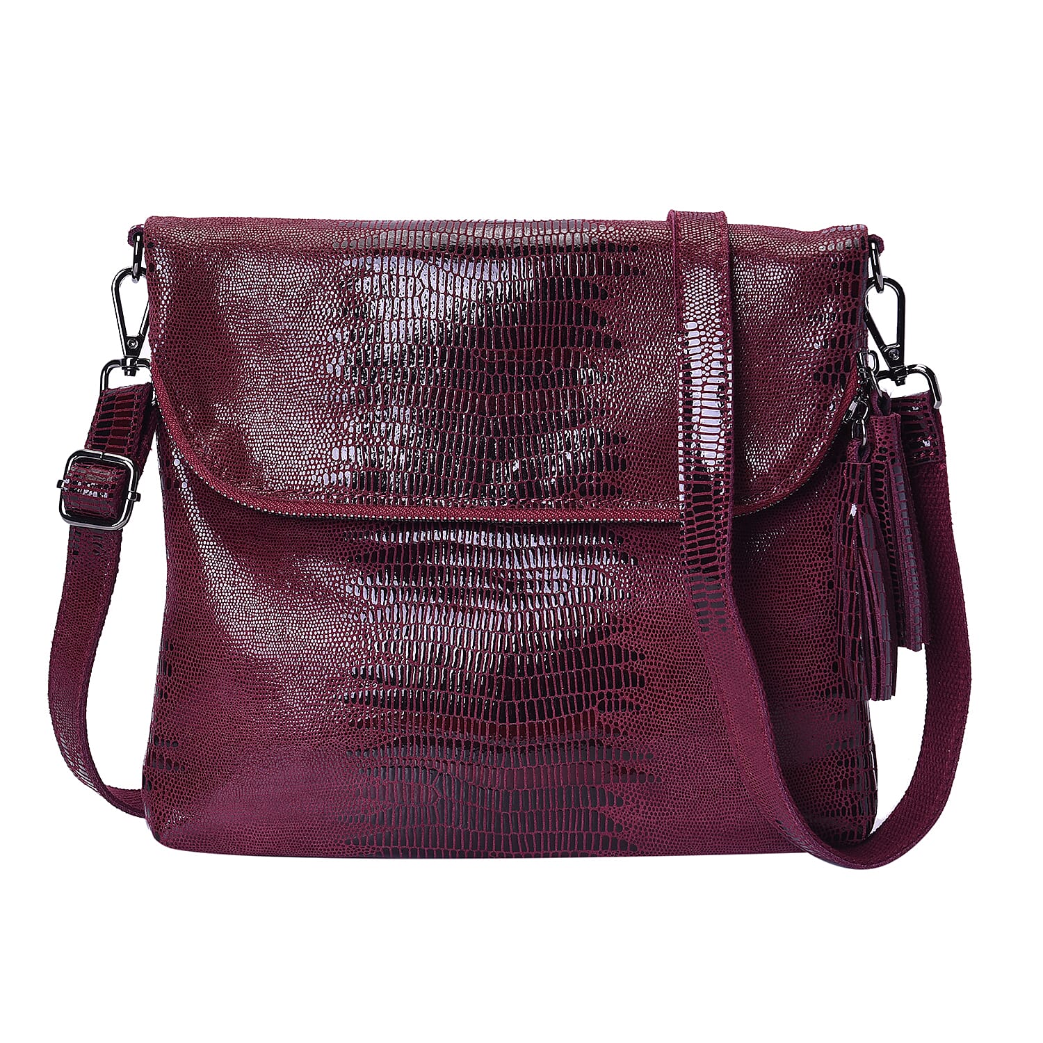 100% Genuine Leather Lizard Skin Pattern Crossbody Bag with Adjustable Strap (Size 24x3x24 Cm)  - Wine Red