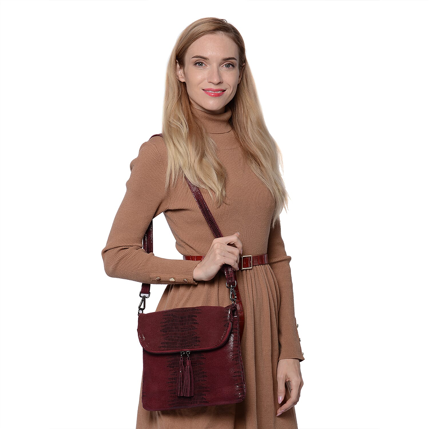 100% Genuine Leather Lizard Skin Pattern Crossbody Bag with Adjustable Strap (Size 24x3x24 Cm)  - Wine Red