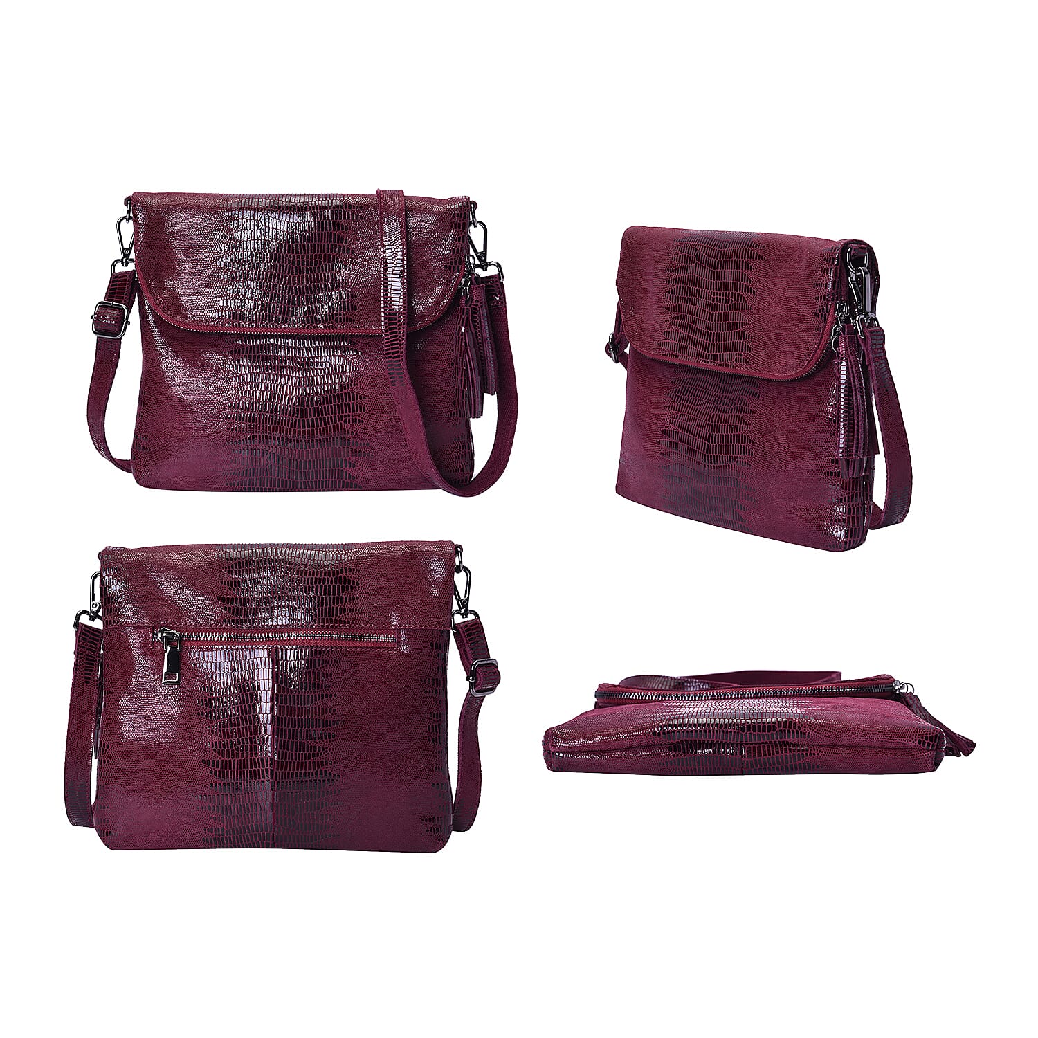 100% Genuine Leather Lizard Skin Pattern Crossbody Bag with Adjustable Strap (Size 24x3x24 Cm)  - Wine Red