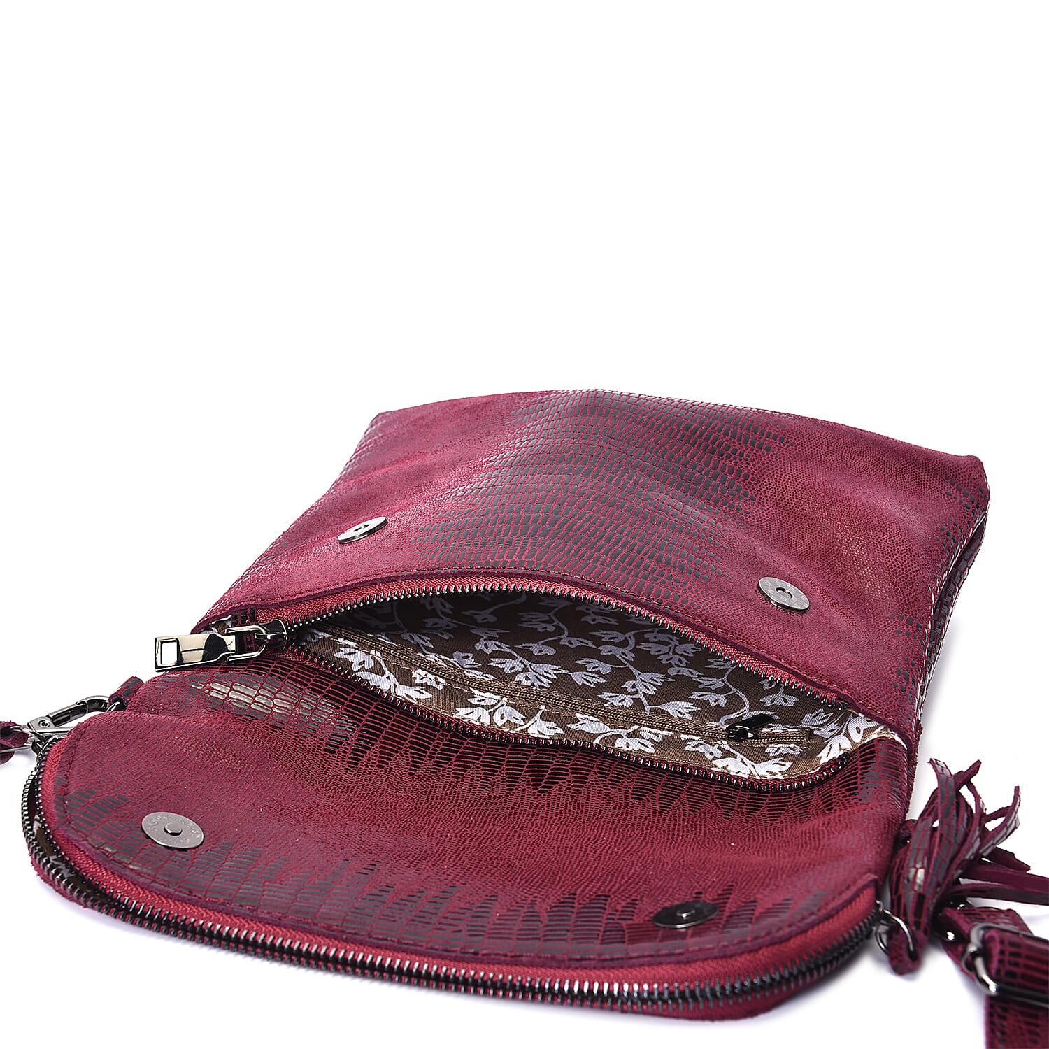 100% Genuine Leather Lizard Skin Pattern Crossbody Bag with Adjustable Strap (Size 24x3x24 Cm)  - Wine Red