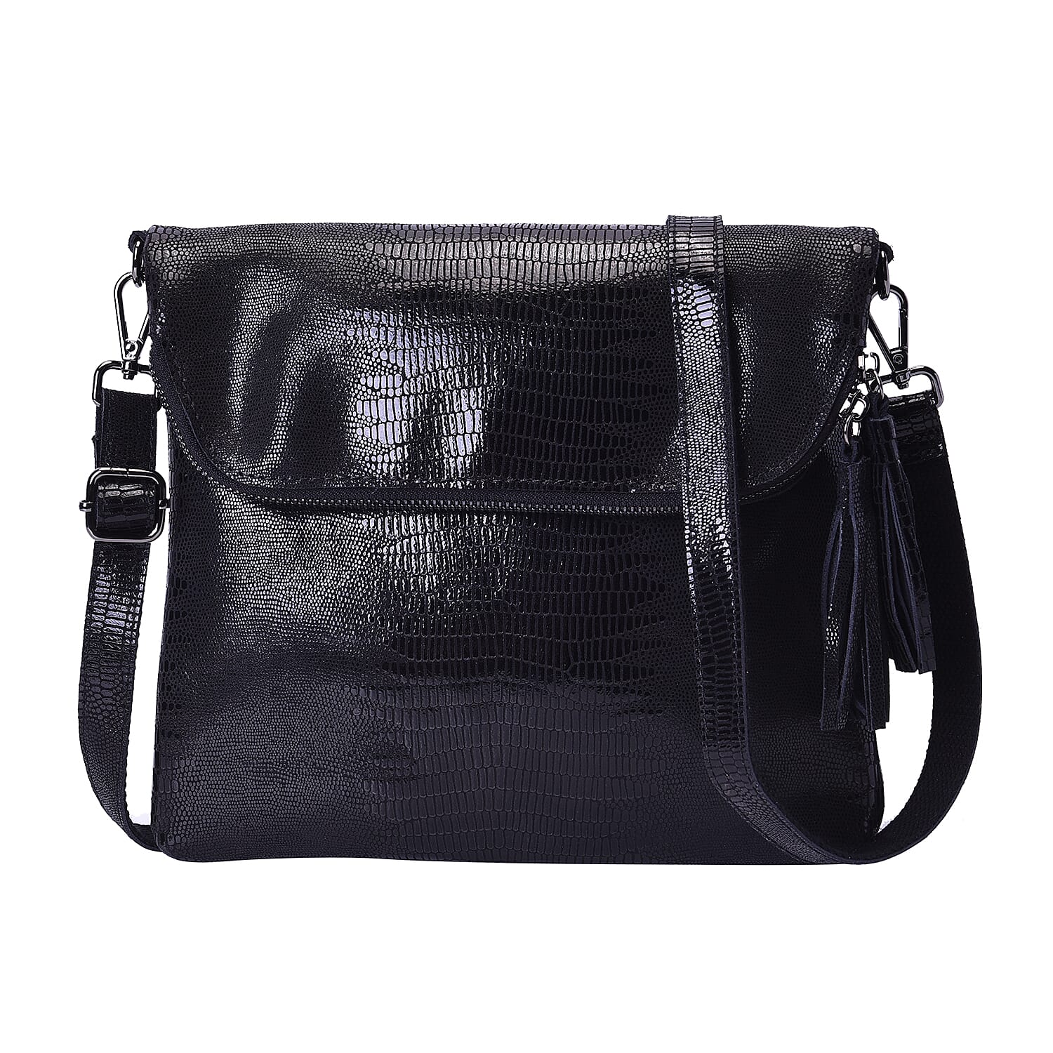 100% Genuine Leather Lizard Skin Pattern Crossbody Bag with Adjustable Strap (Size 24x3x24 Cm) - Black