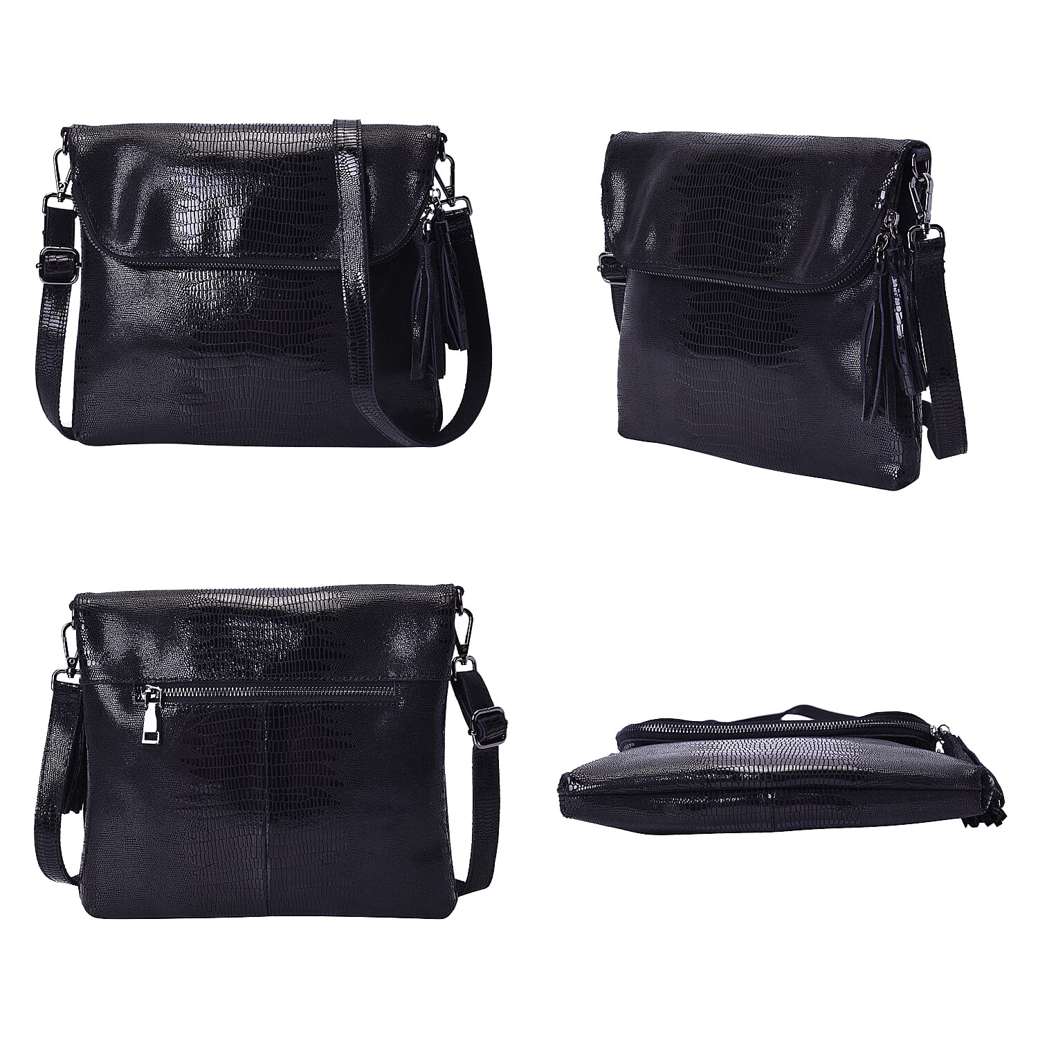 100% Genuine Leather Lizard Skin Pattern Crossbody Bag with Adjustable Strap (Size 24x3x24 Cm) - Black