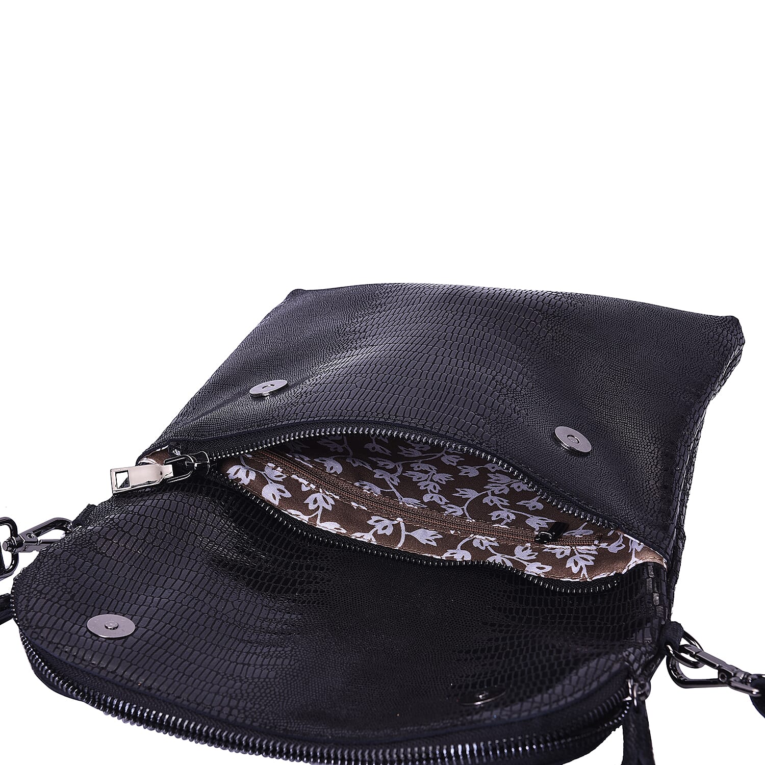 100% Genuine Leather Lizard Skin Pattern Crossbody Bag with Adjustable Strap (Size 24x3x24 Cm) - Black