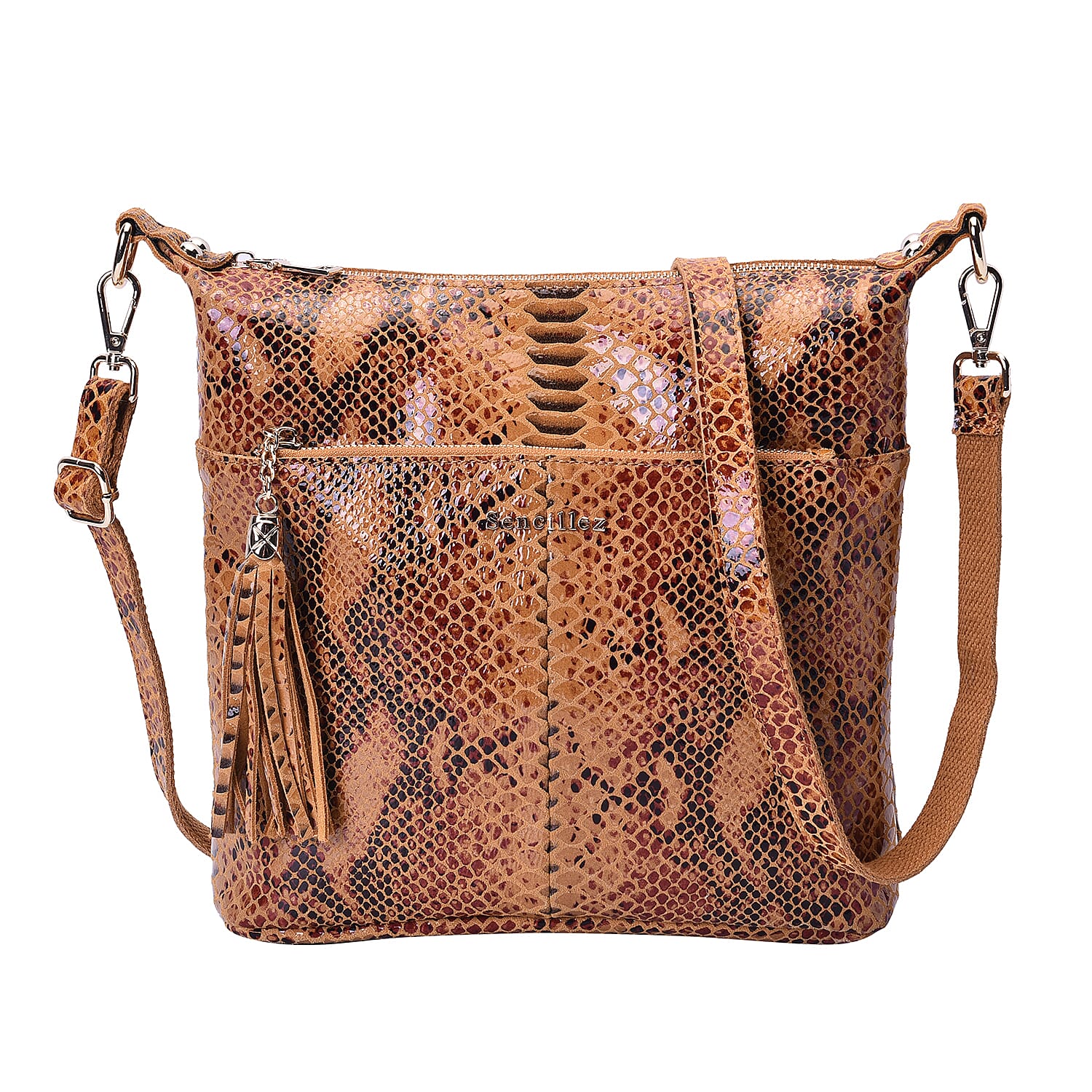 SENCILLEZ 100% Genuine Leather Snake Skin Pattern Crossbody Bag (27x11x29cm) - Mustard Colour
