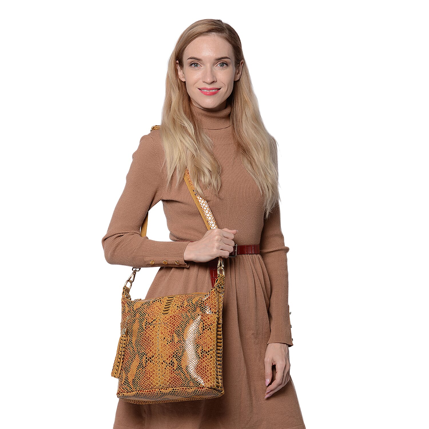 SENCILLEZ 100% Genuine Leather Snake Skin Pattern Crossbody Bag (27x11x29cm) - Mustard Colour