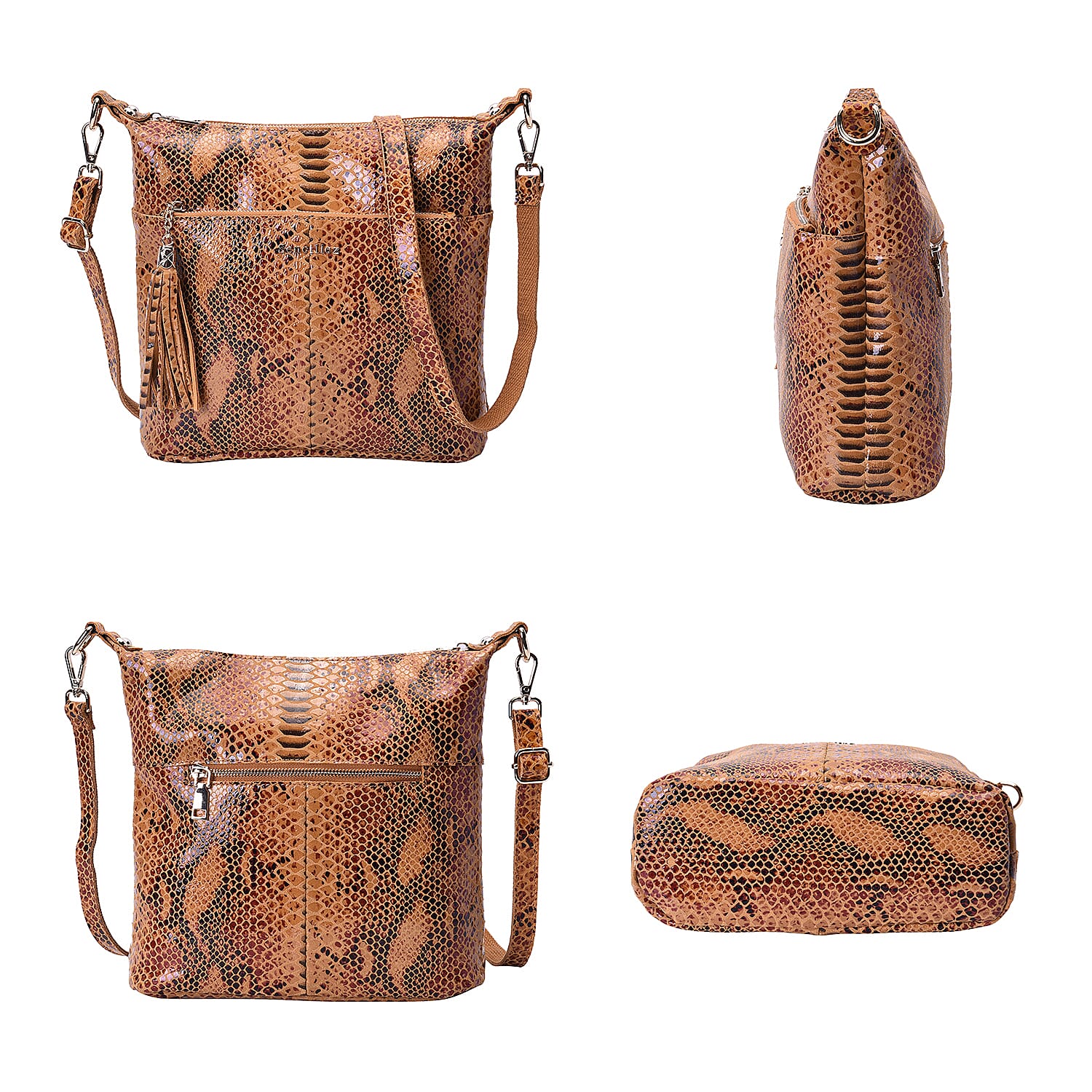 SENCILLEZ 100% Genuine Leather Snake Skin Pattern Crossbody Bag (27x11x29cm) - Mustard Colour