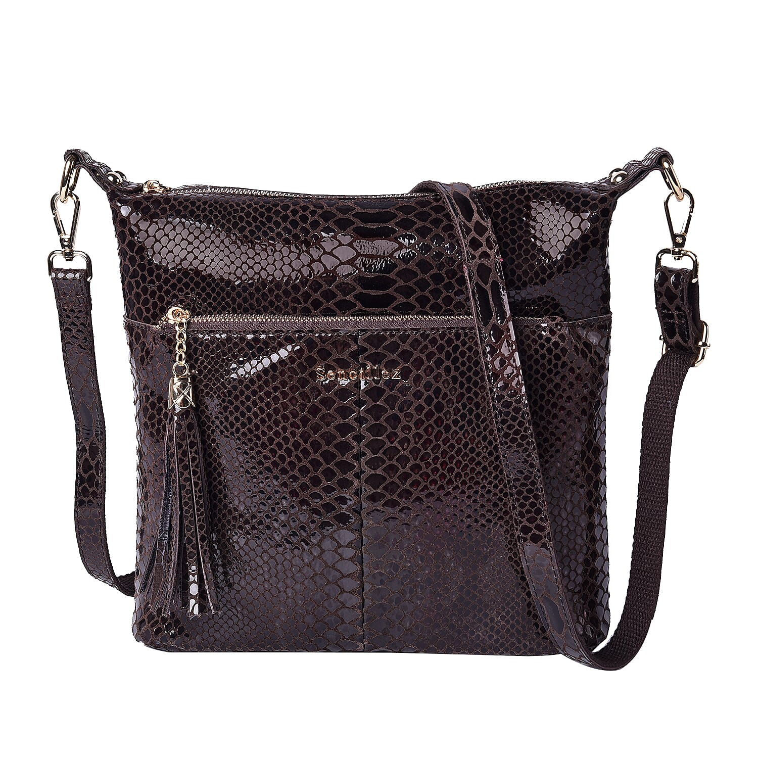 SENCILLEZ 100% Genuine Leather Snake Skin Pattern Crossbody Bag (27x11x29cm) - Black Colour